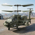 RC helicopter with military design on a runway with mountains in the background