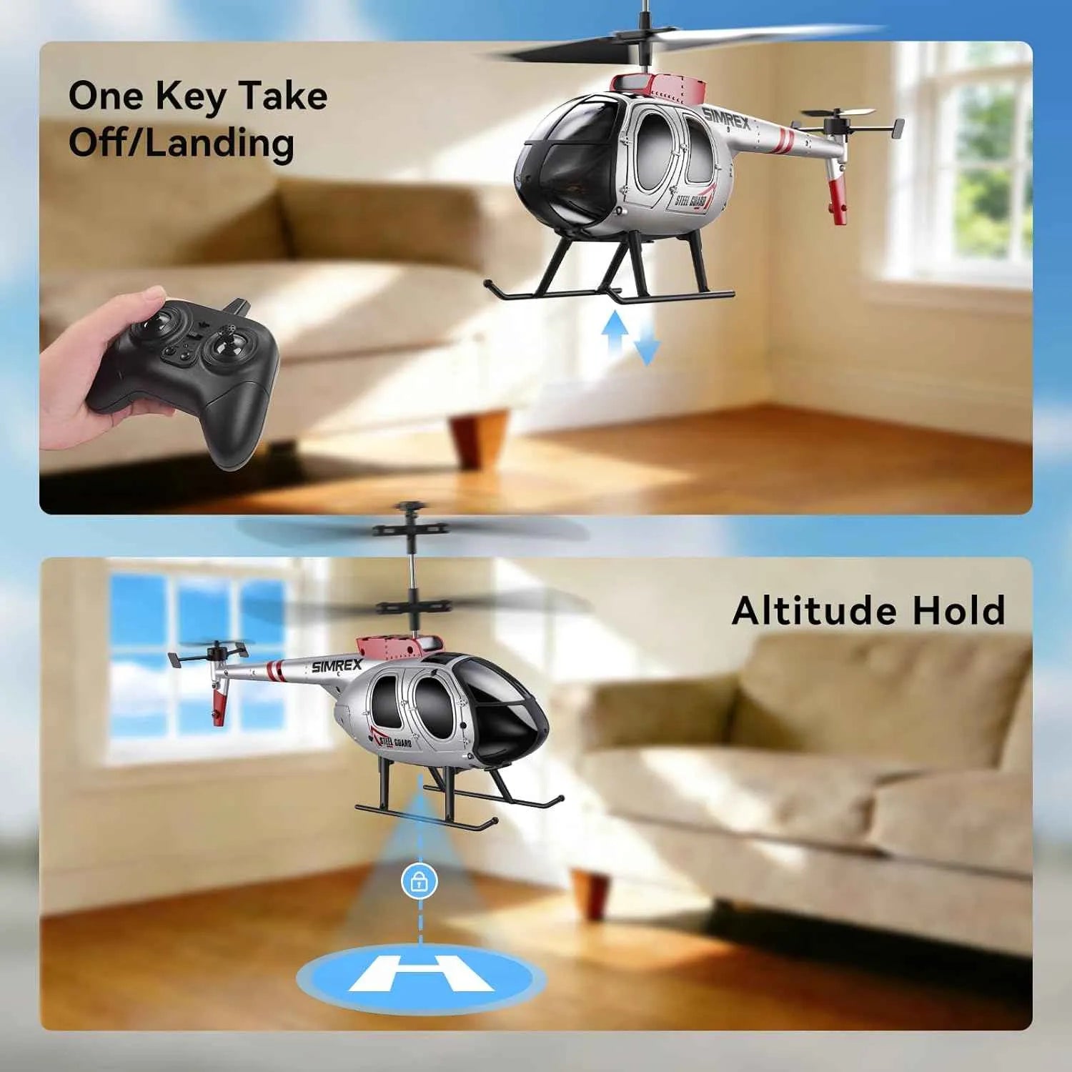 RC helicopter with remote control in a living room setting, demonstrating takeoff/landing and altitude hold functions.