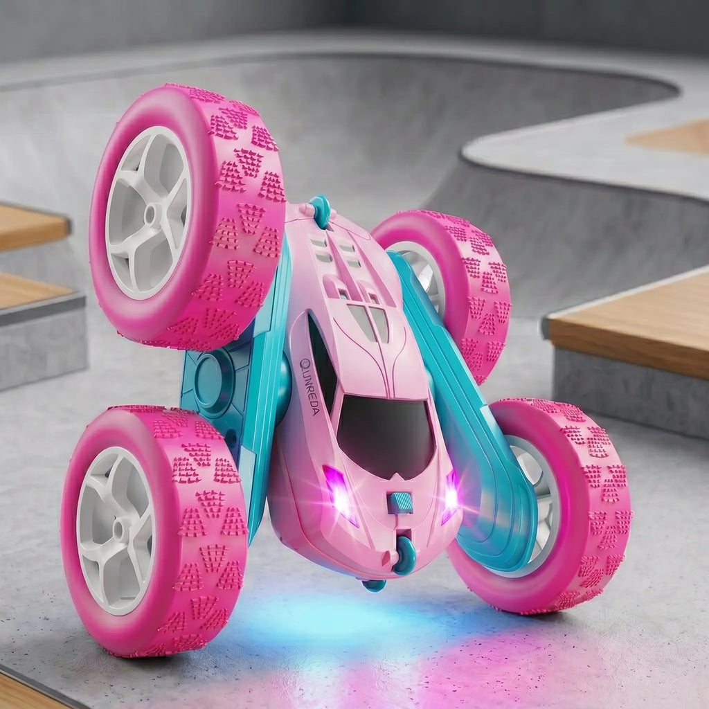 RC light pink stunt car on a stunt area background