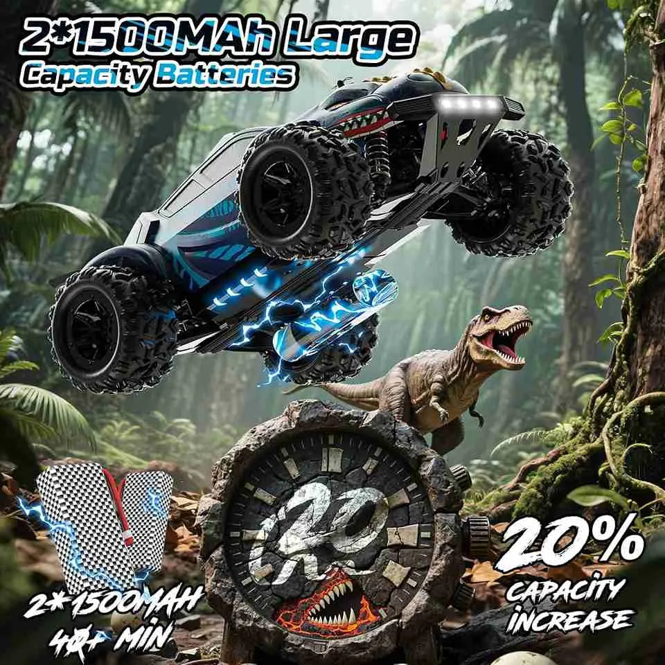 RC monster truck dinosaur with large batteries on a dinosaur and rock in a jungle setting