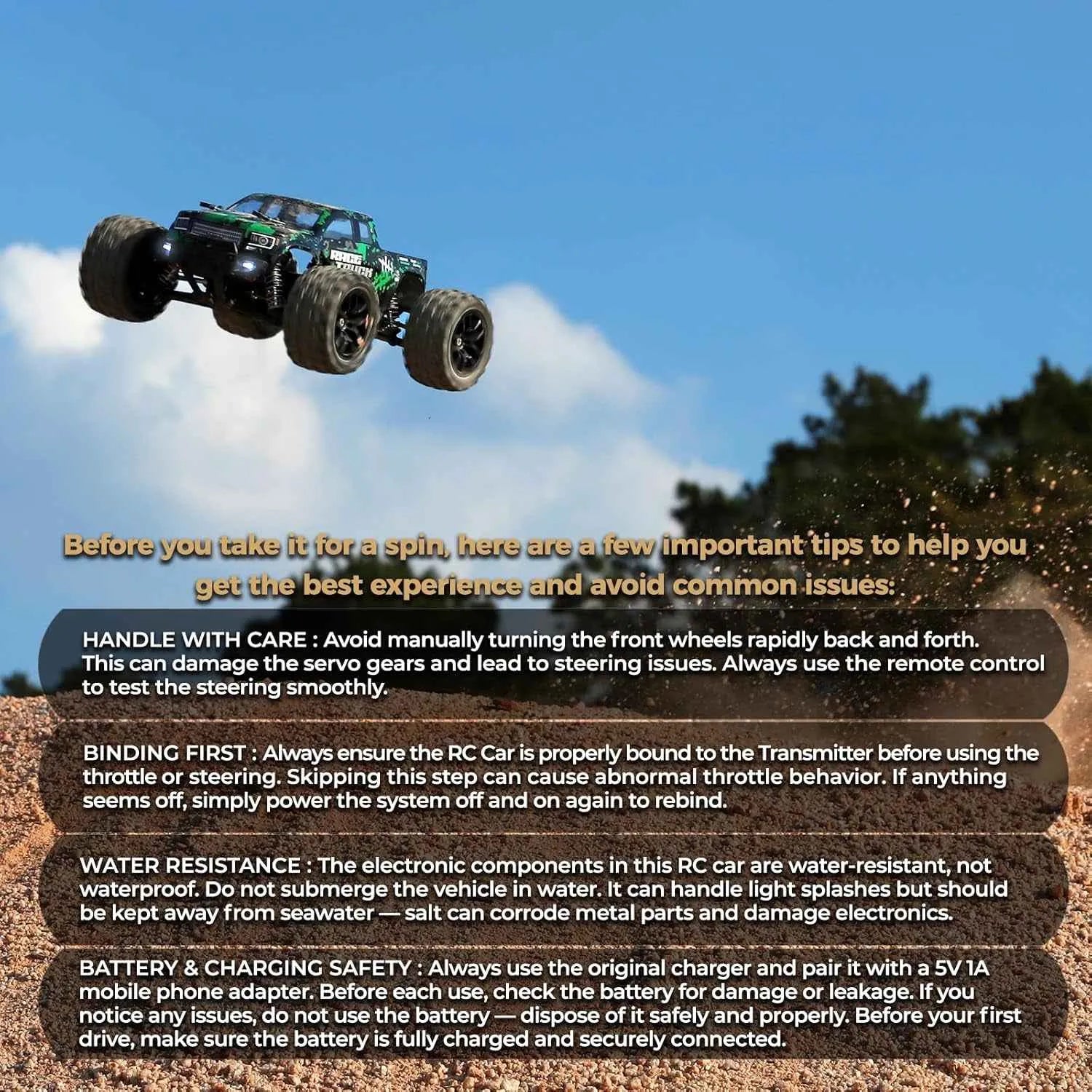 RC monster truck in mid-air with safety tips text overlay
