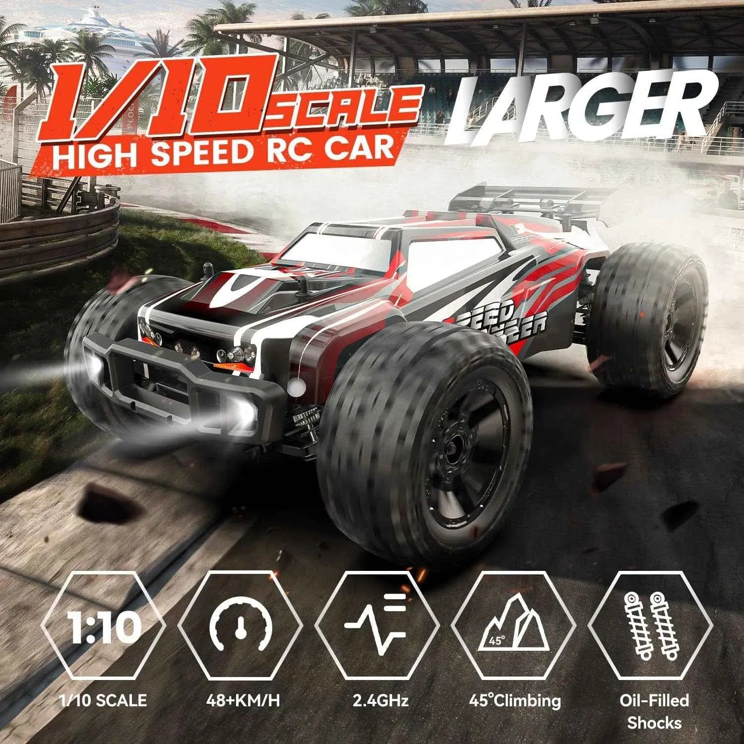 RC monster truck in red and white with features highlighted 