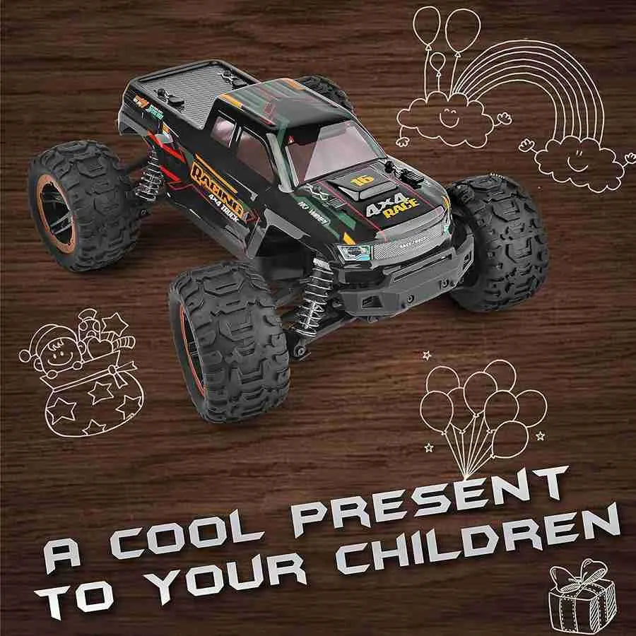 RC monster truck on a wooden surface with decorative elements and text.