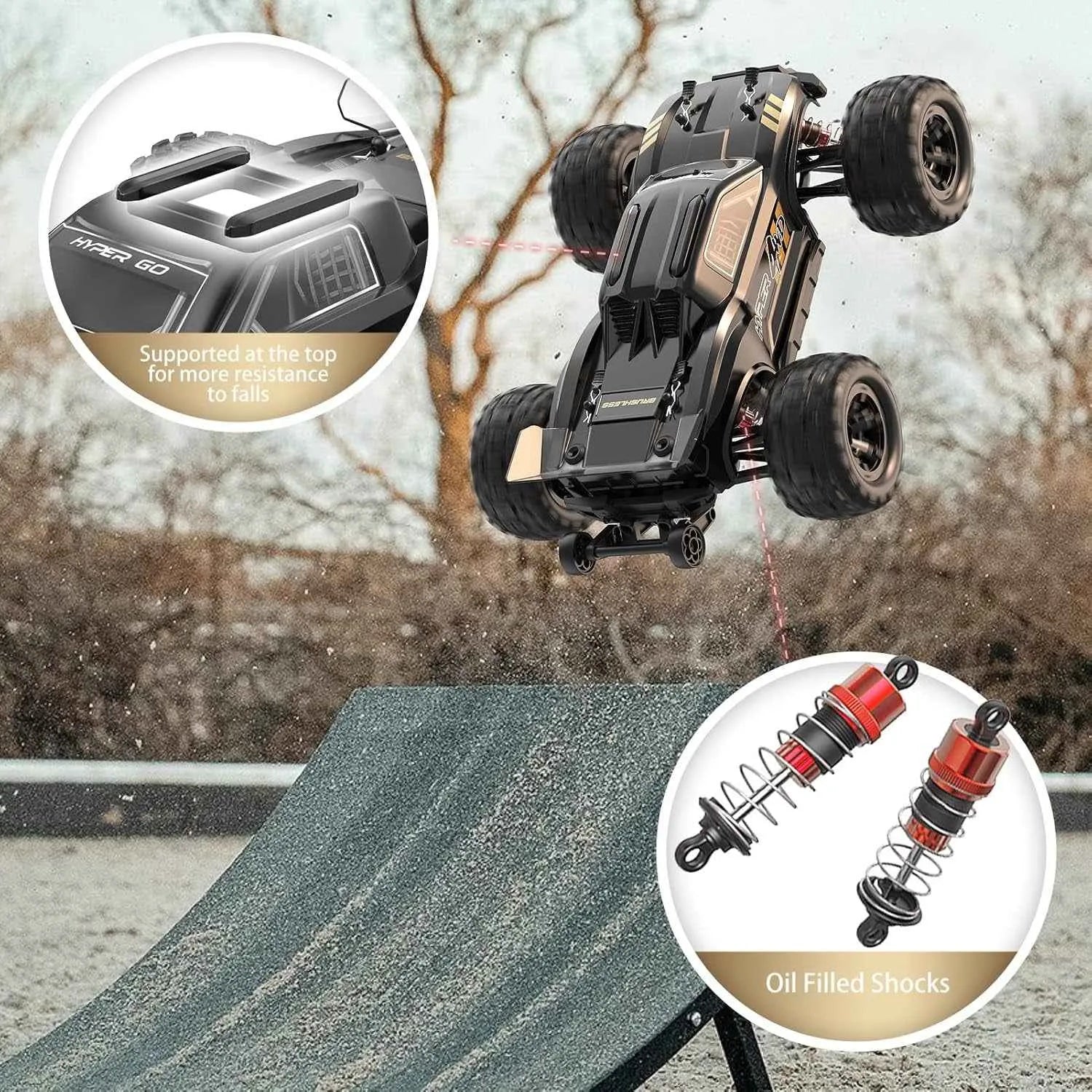 RC monster truck performing a flip with detailed components highlighted on a snowy background