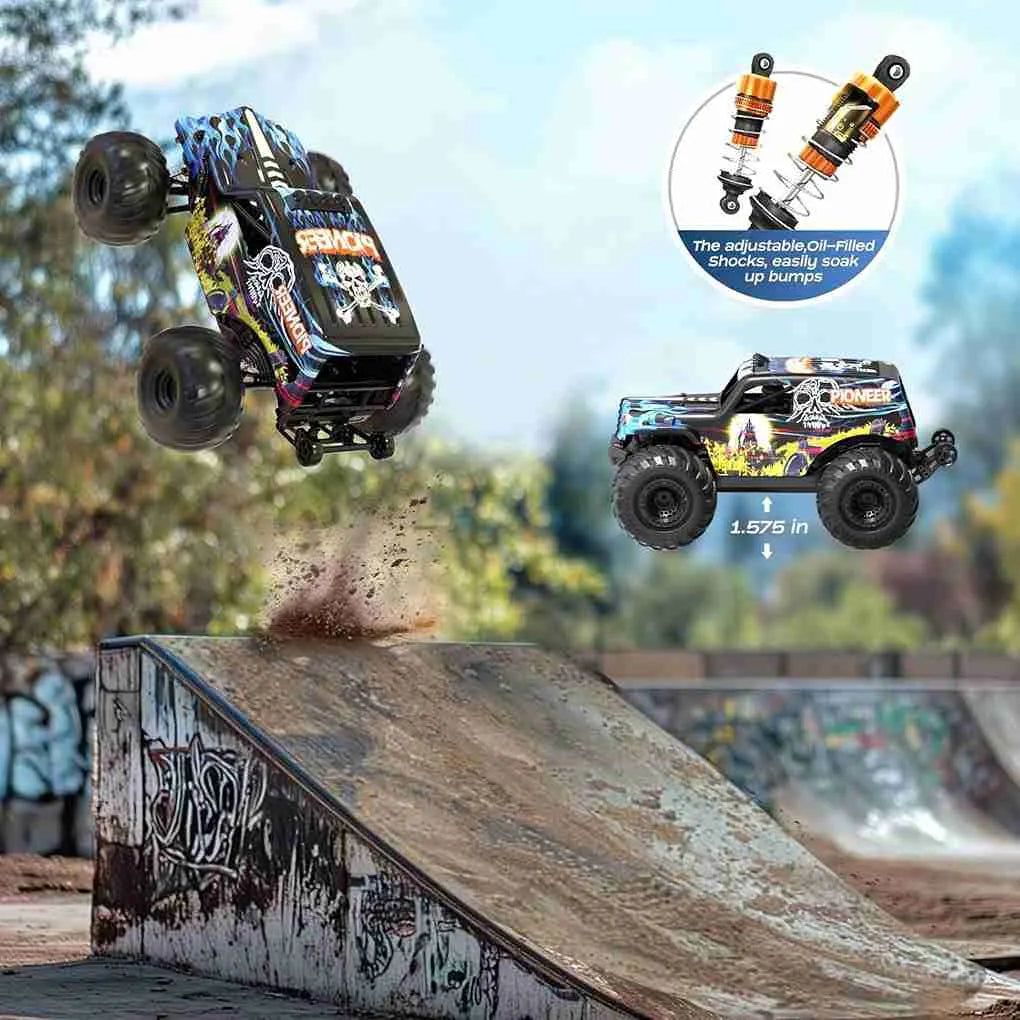 RC monster truck performing a jump with adjustable shocks feature highlighted.