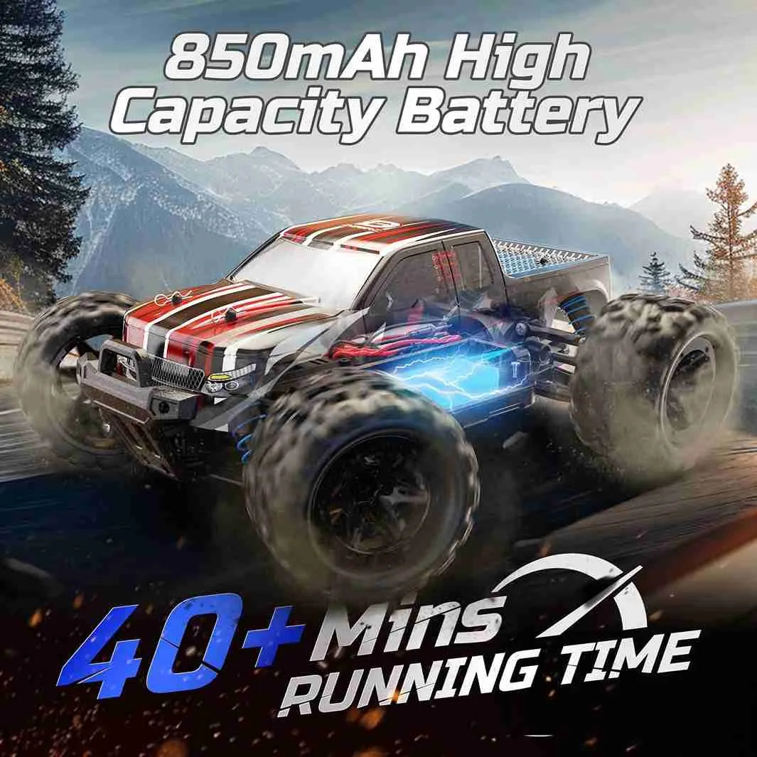 RC monster truck with 850mAh high capacity battery and 40+ mins running time text on a mountainous background