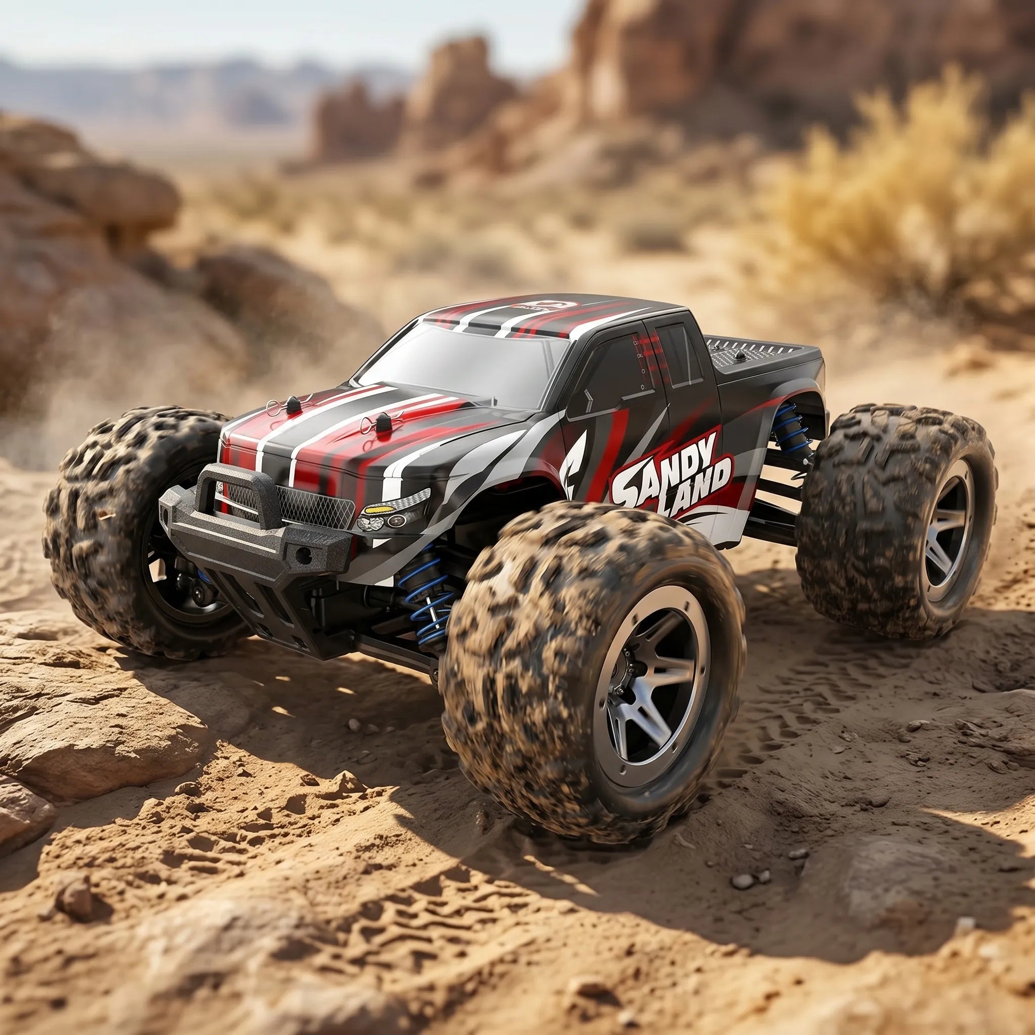RC Monster truck with 'Sandy Land' branding on a desert landscape
