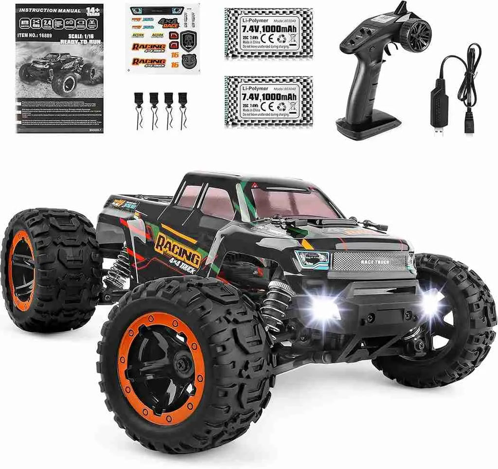 Remote control monster truck with accessories on a white background