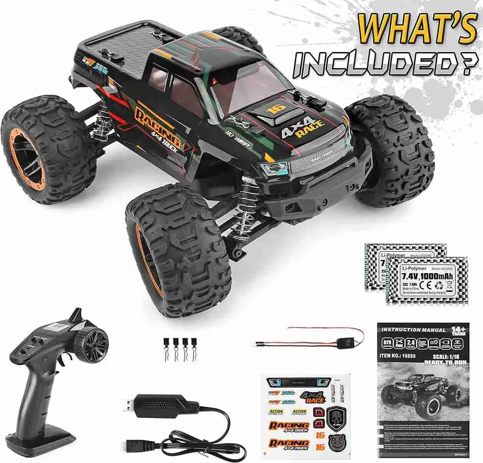 RC monster truck with accessories and included items on a white background