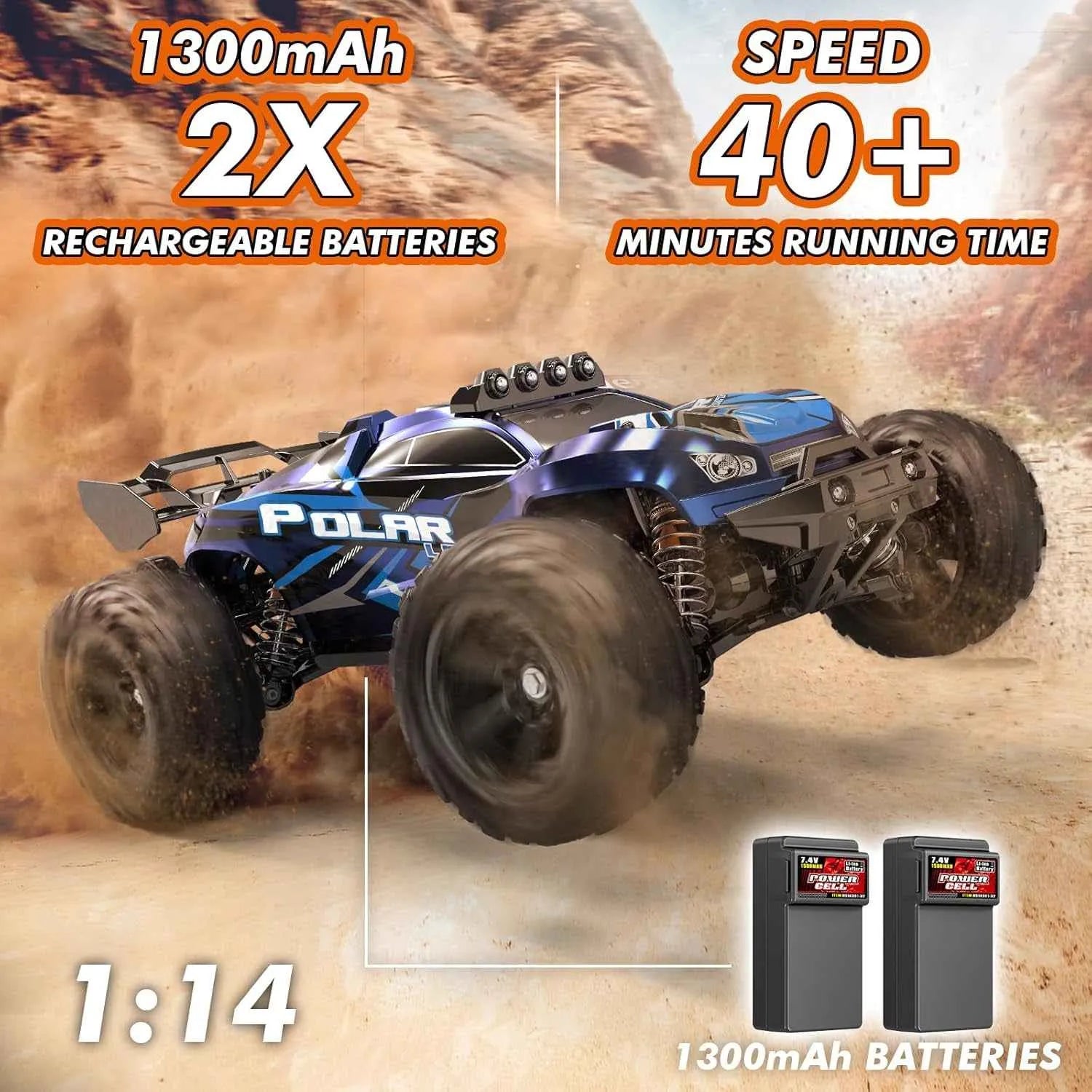 RC monster truck with charging batteries on a desert background