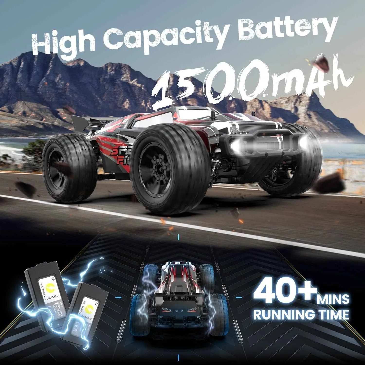 RC monster truck with charging features : high capacity battery 1500mah and 40+ mins running time