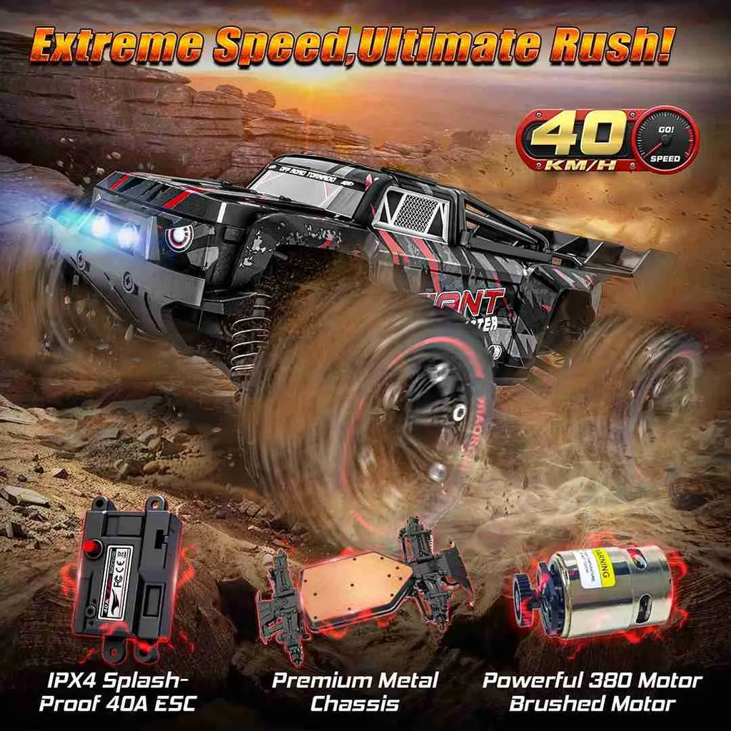 RC monster truck with desert background and specifications displayed