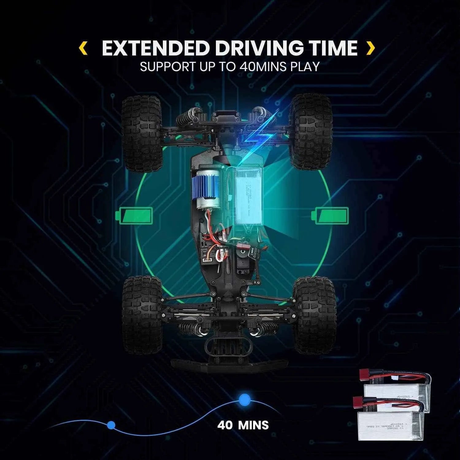 RC monster truck with extended driving time feature on a dark background
