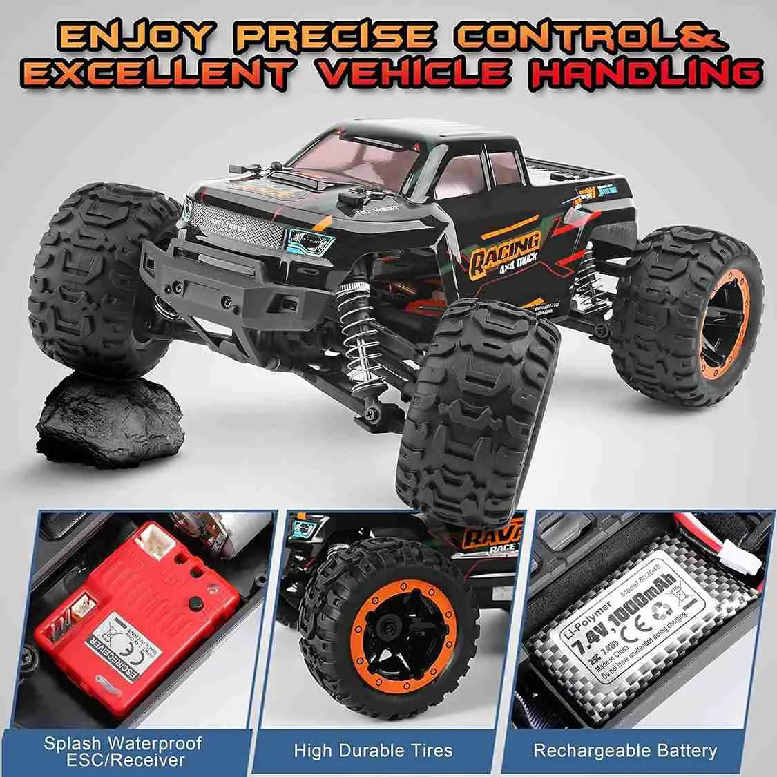 RC monster truck with features highlighted on a gray background