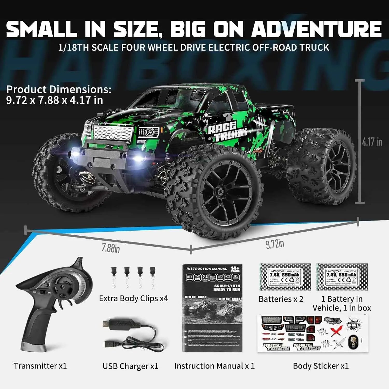 RC monster truck with green and black design, dimensions, and accessories listed.