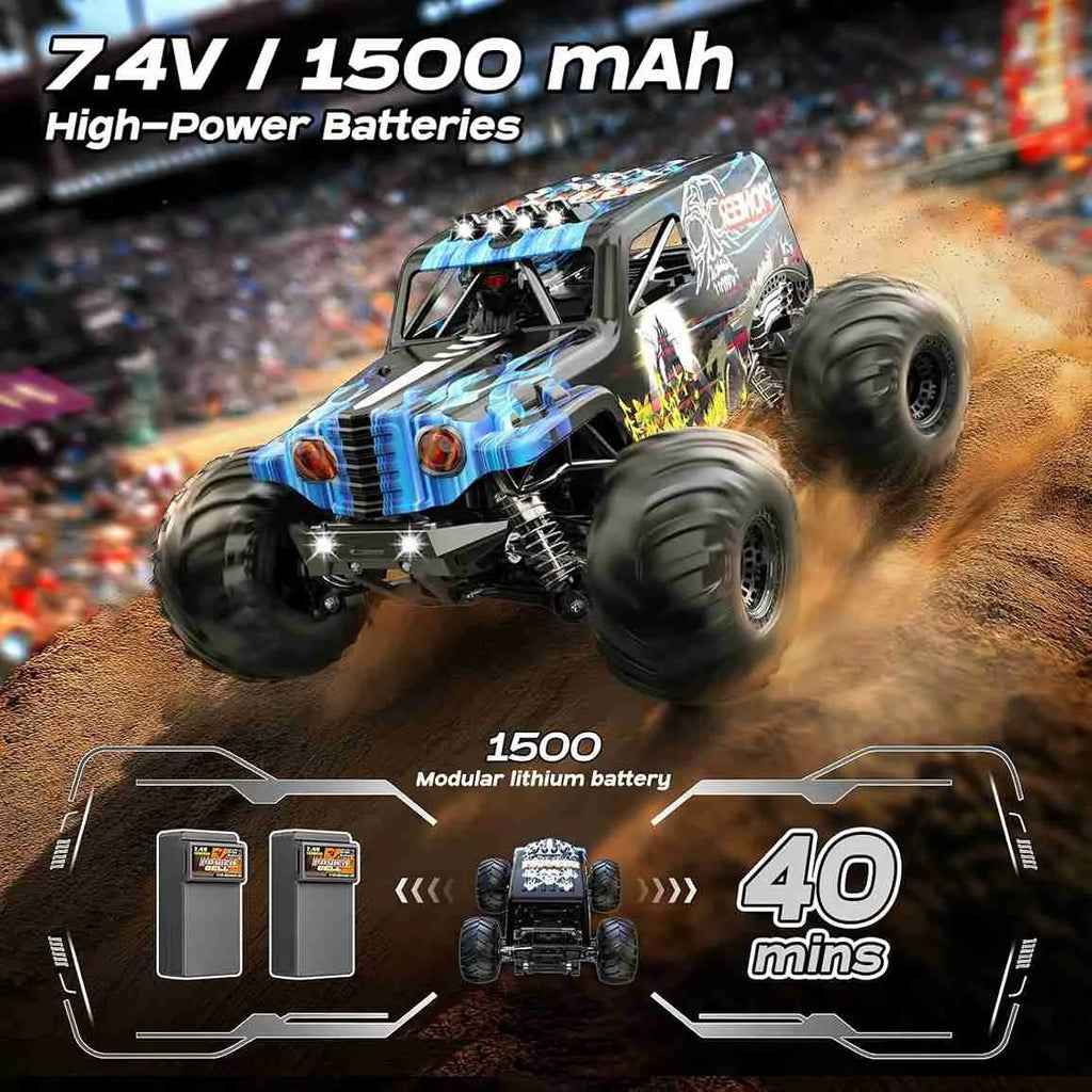 RC monster truck with high-power batteries on a dirt track, surrounded by spectators.