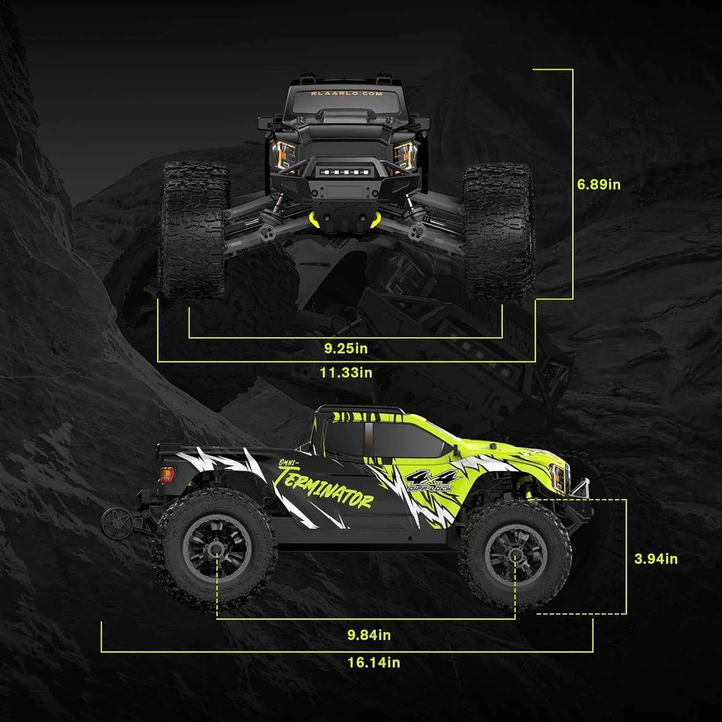Rc monster truck with measurements on a dark background