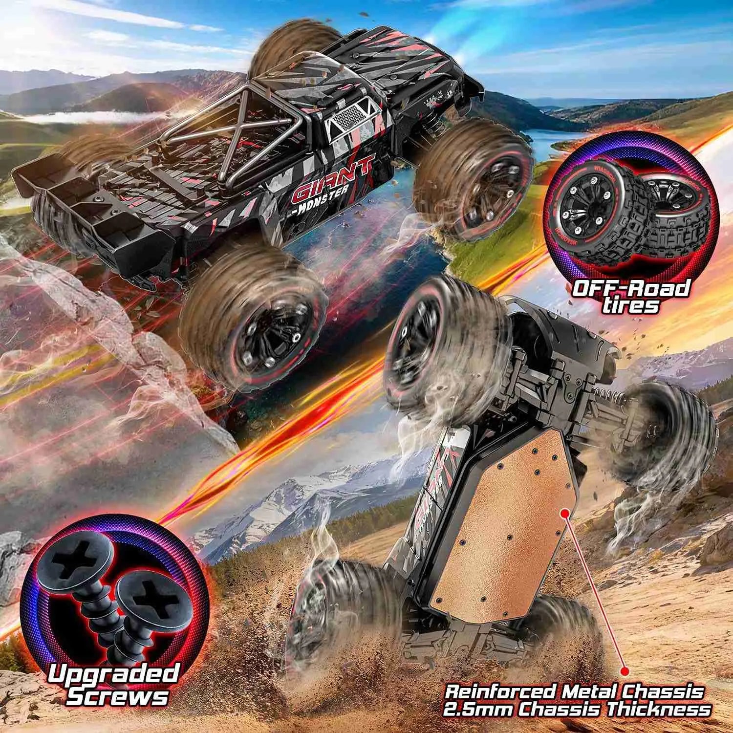 RC monster truck with off-road tires and reinforced metal chassis on a mountainous landscape background.