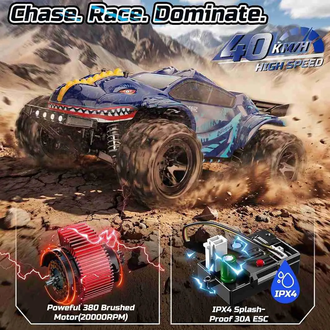 RC monster truck with racing elements and specifications on a desert background