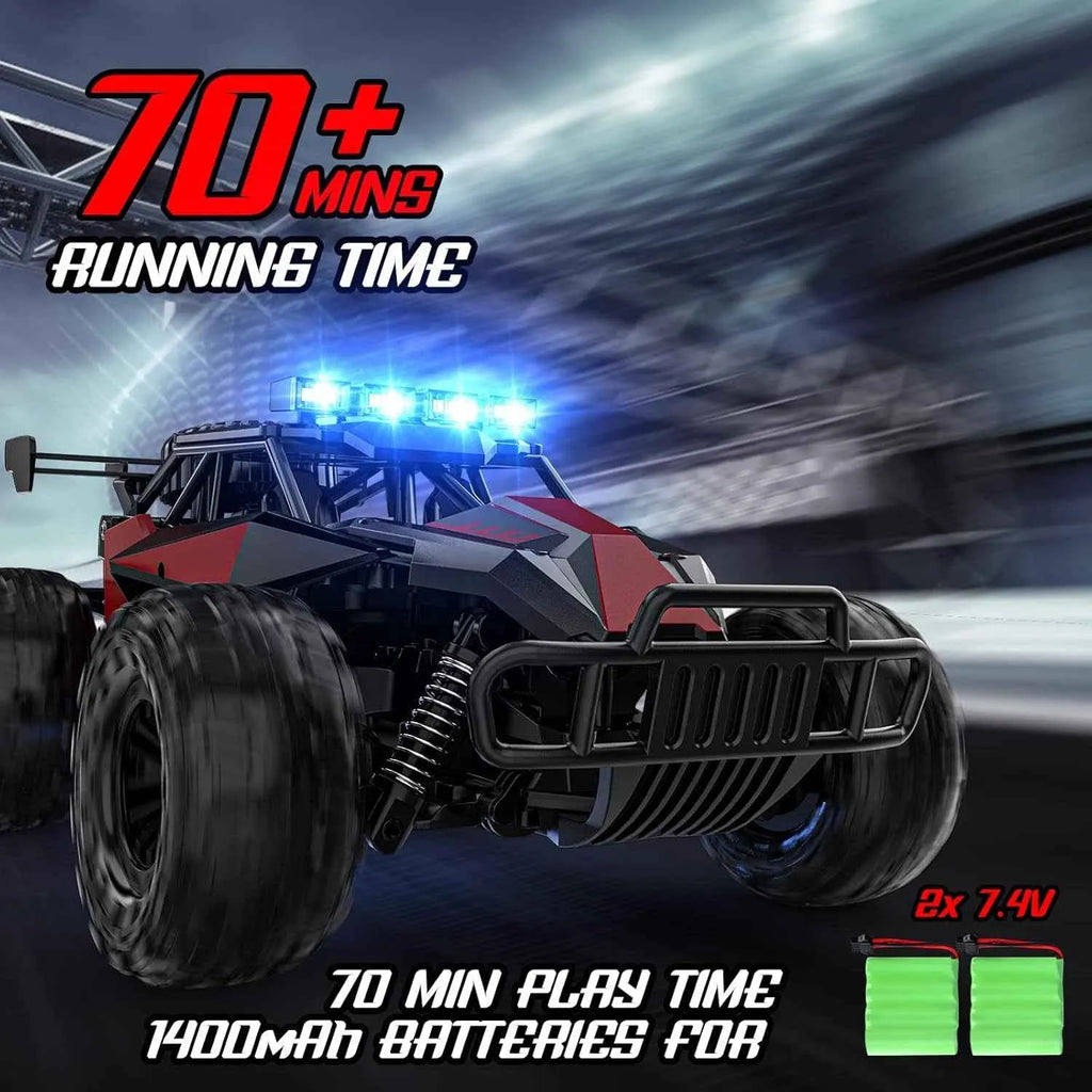 RC monster truck with racing lights on a dark background, highlighting its features and running time.