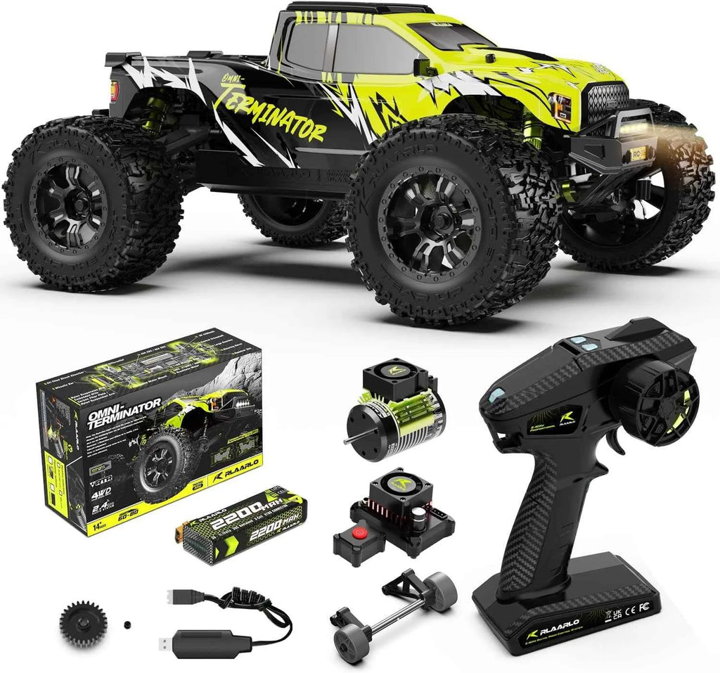 RC monster truck with remote control, battery, and accessories on a white background