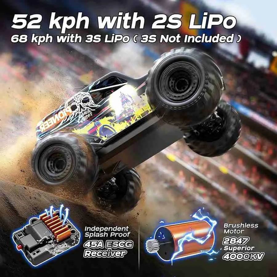 RC monster truck with specifications on speed and battery type, featuring a brushless motor and ESCG receiver.