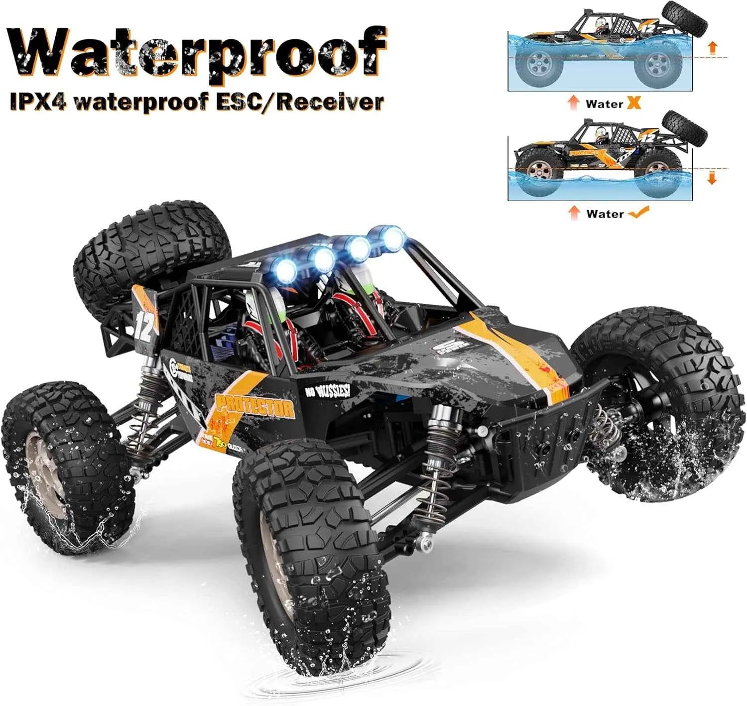Rc Monster truck with waterproof features on a white background