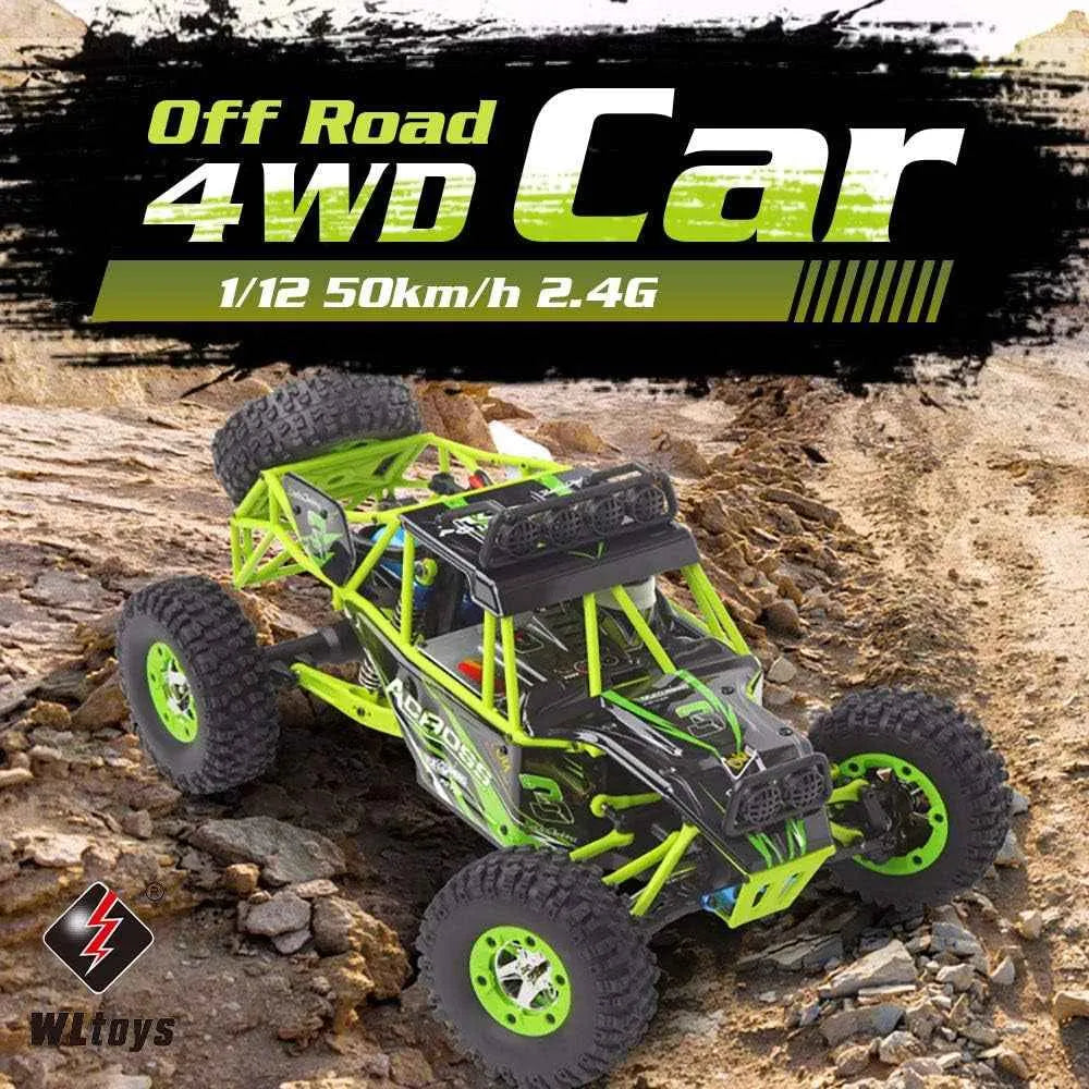 RC off-road crawler 4WD car on a rocky terrain with WLtoys branding.
