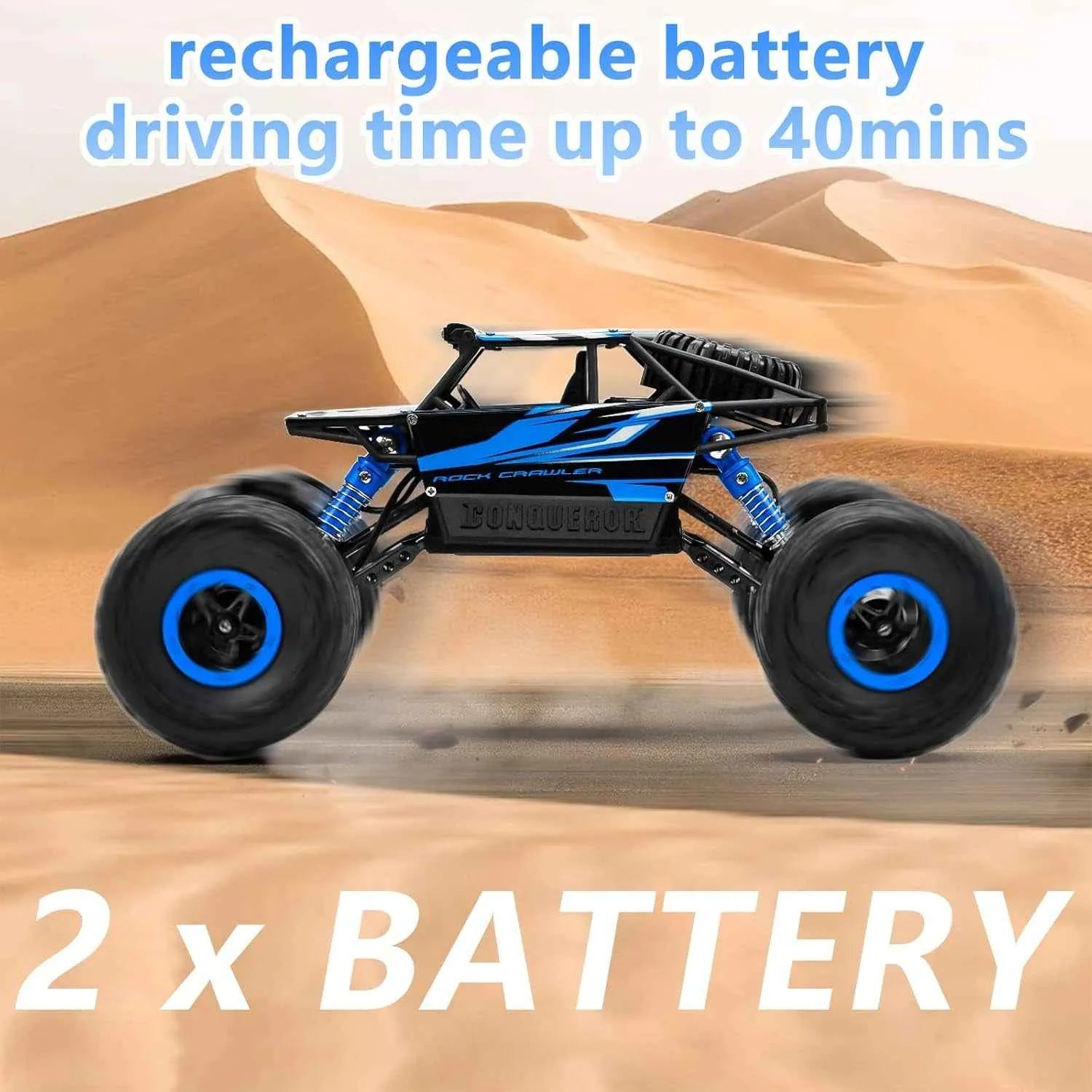 RC off-road crawler on sand dunes with text about rechargeable battery and driving time.