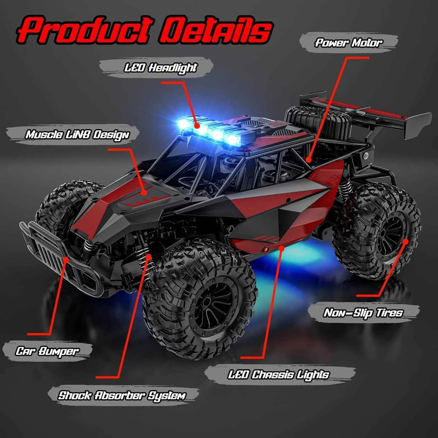 RC off-road monster truck with labeled features on a dark background