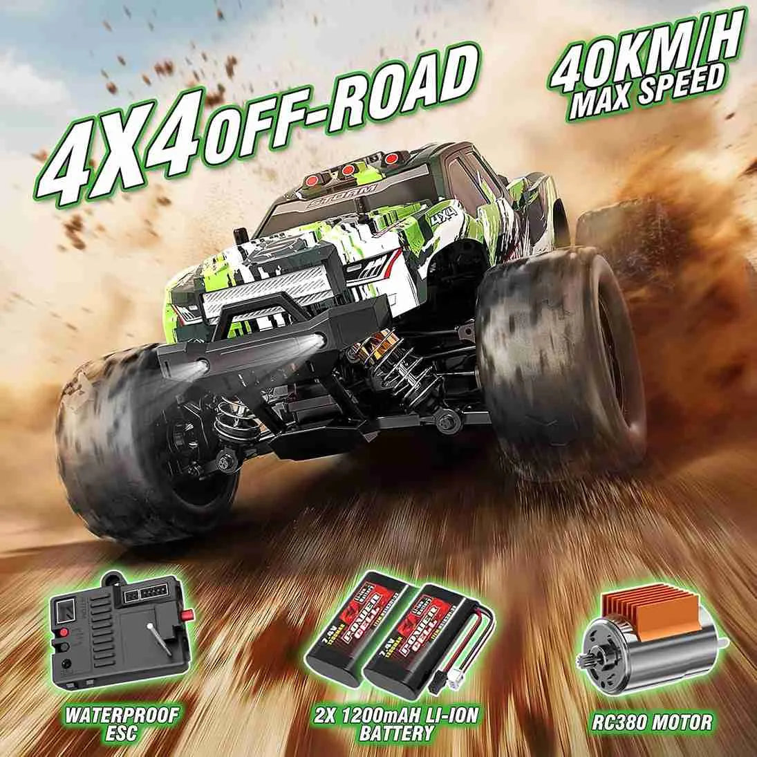 RC off-road truck with specifications on a dynamic background