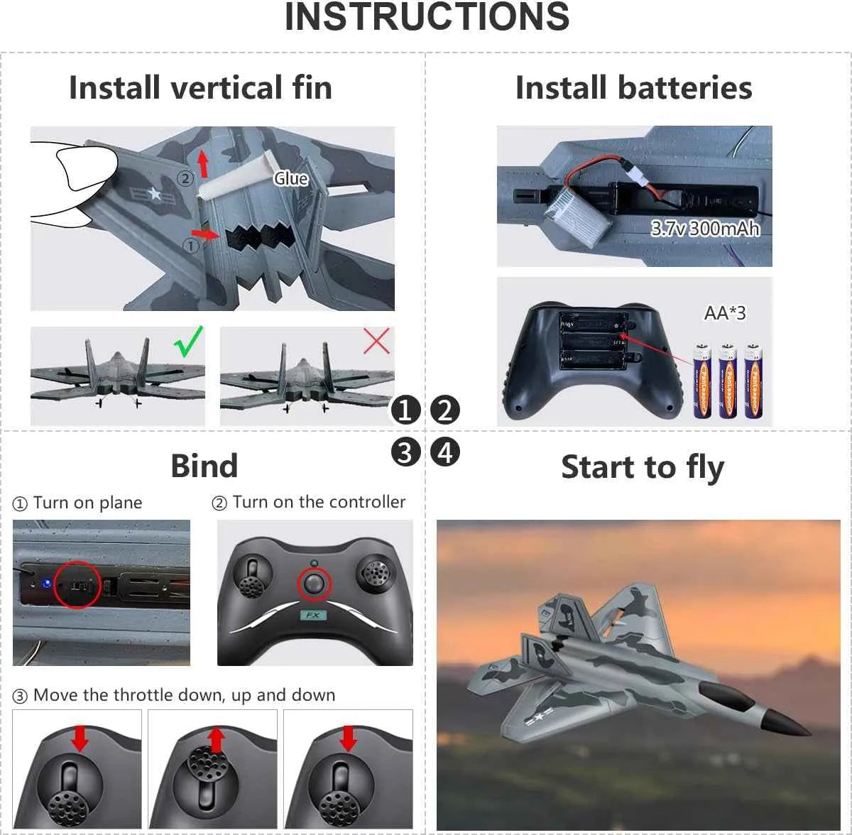 RC plane in collage with 4 instruction on white background.