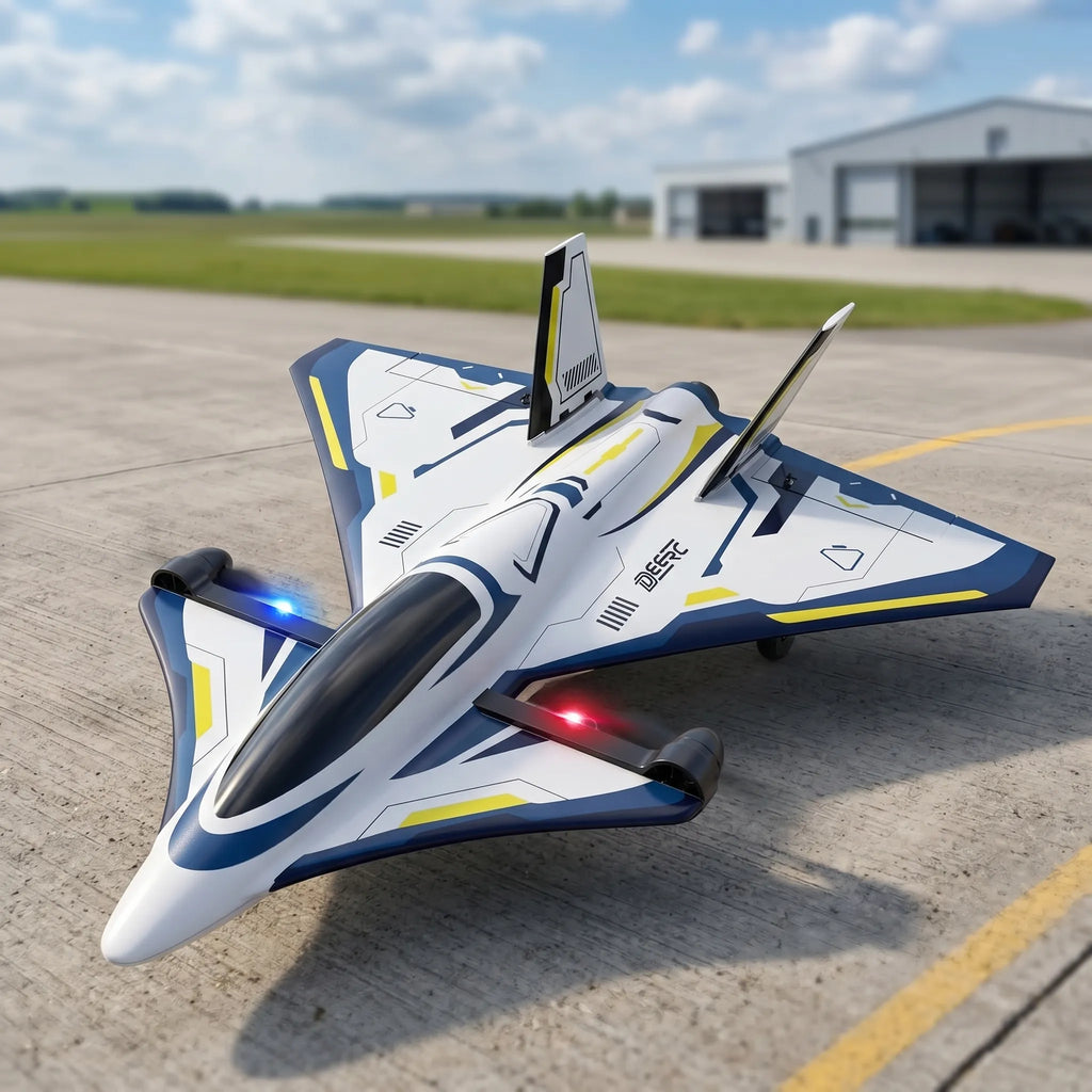 RC plane model of a futuristic jet on an airport tarmac with a building in the background
