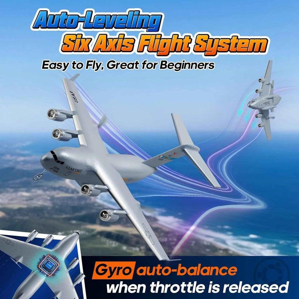 RC plane with text about auto-leveling six-axis flight system and gyro auto-balance feature.