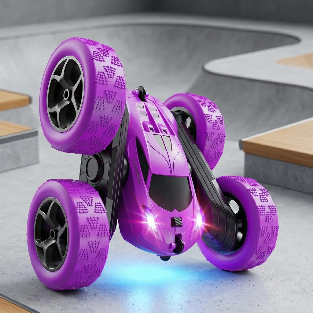 RC purple stunt car on a stunt area background