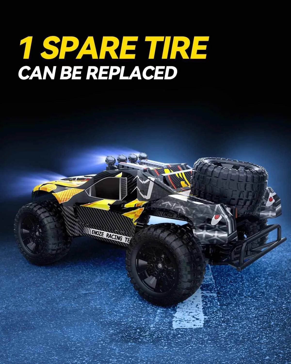 Rc short course off-road truck with a spare tire on a blue surface and black background