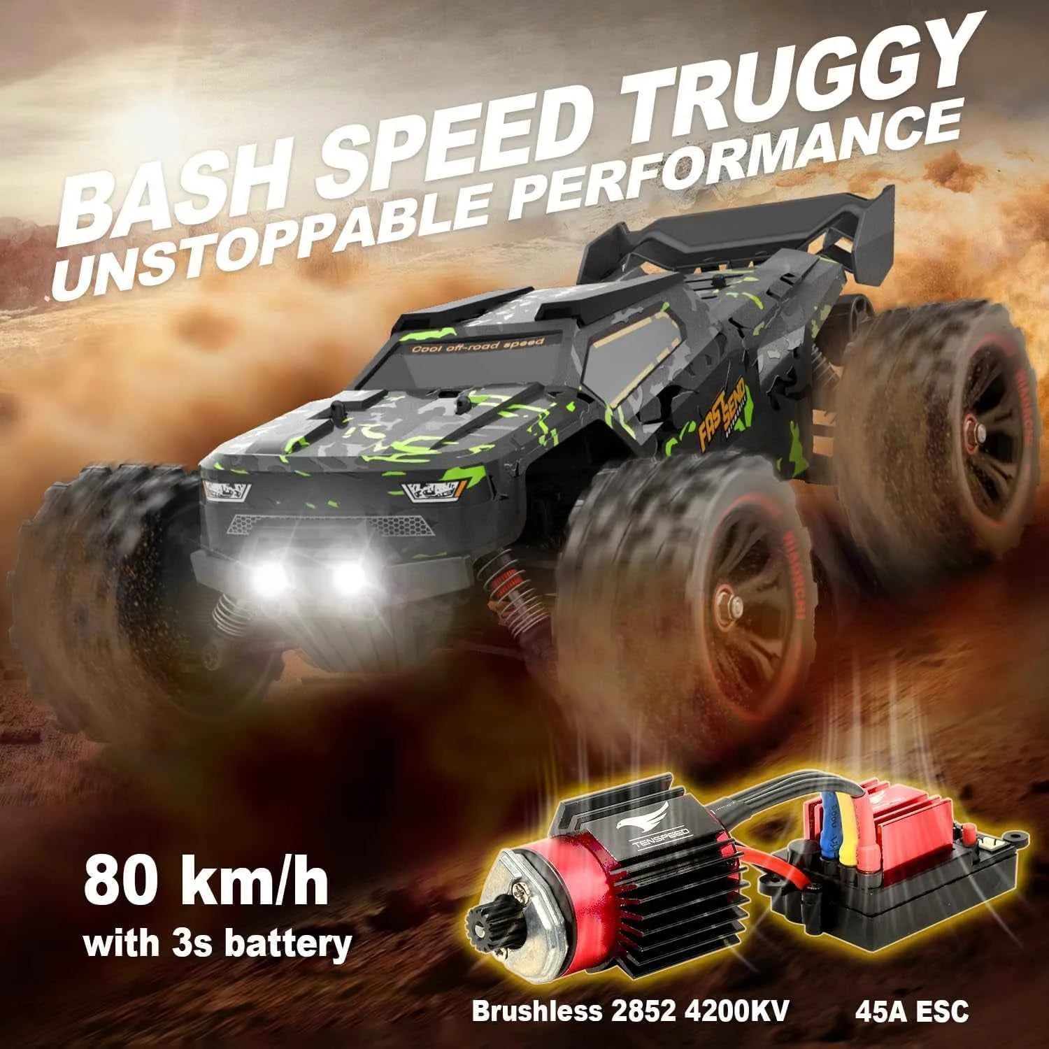RC speed truggy with battery and brushless motor on a dirt track background