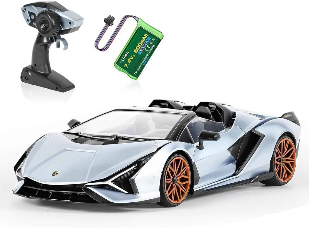 RC sports car blue with remote control and battery on a white background