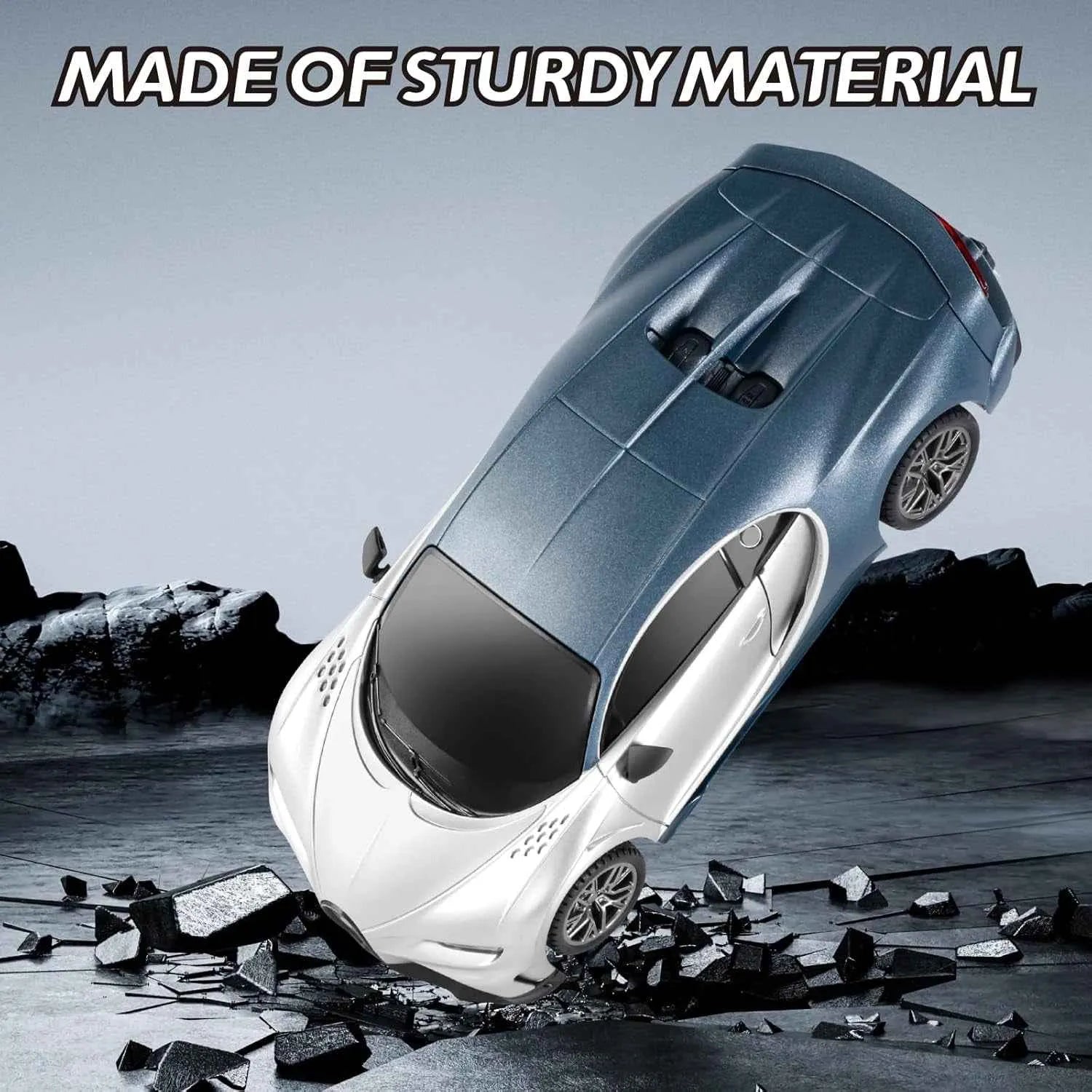 RC sports Car on rocks with text 'MADE OF STURDY MATERIAL'