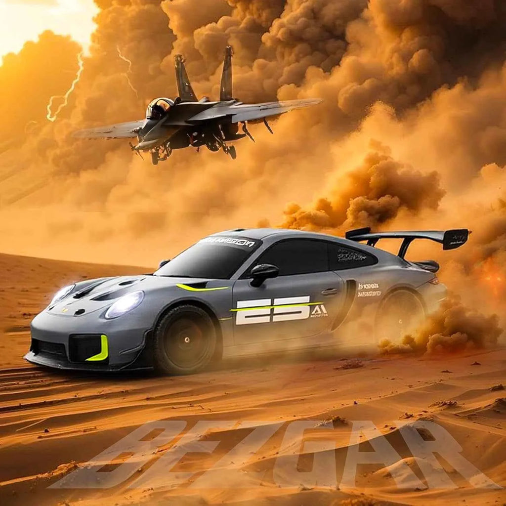 RC sports Car racing on a desert track with an airplane in the background