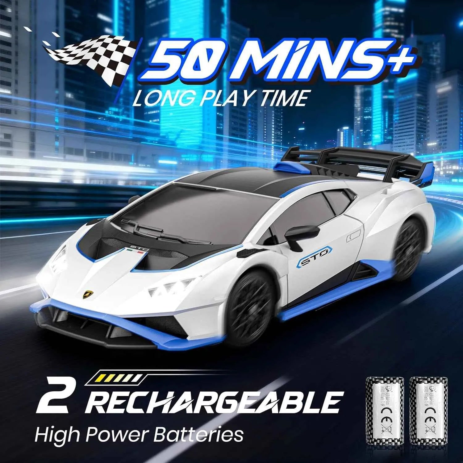 RC sports car with rechargeable batteries on a cityscape background