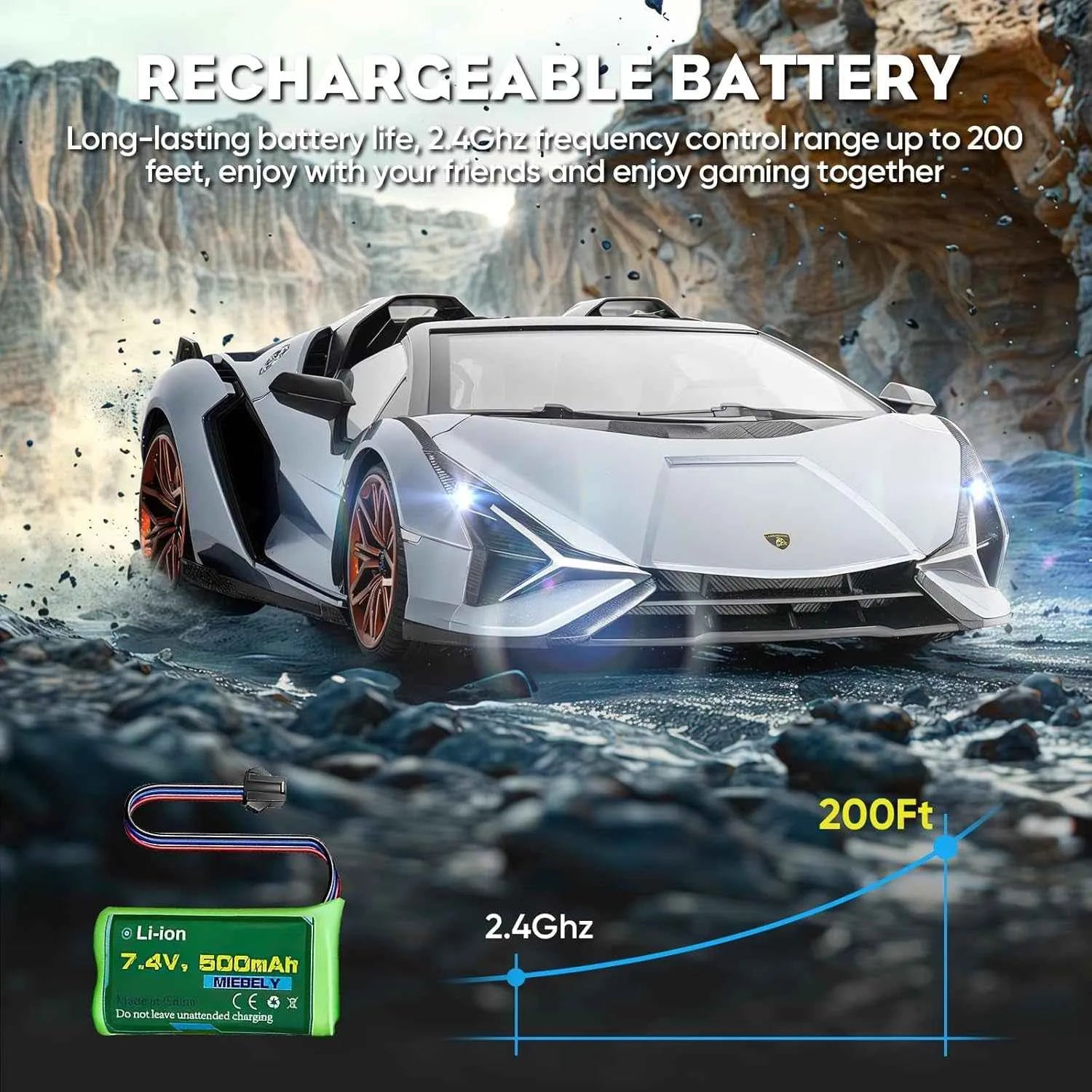 RC sports car with rechargeable battery and specifications on a rocky background