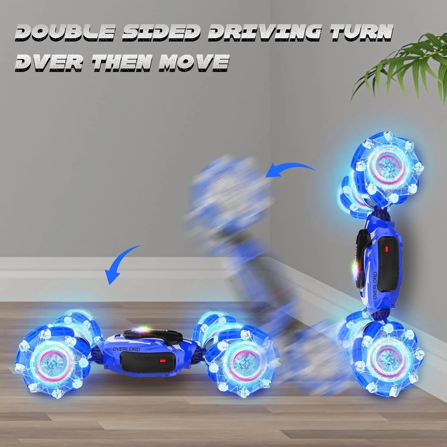 RC stunt car double sided driving turn over on a floor and wall.