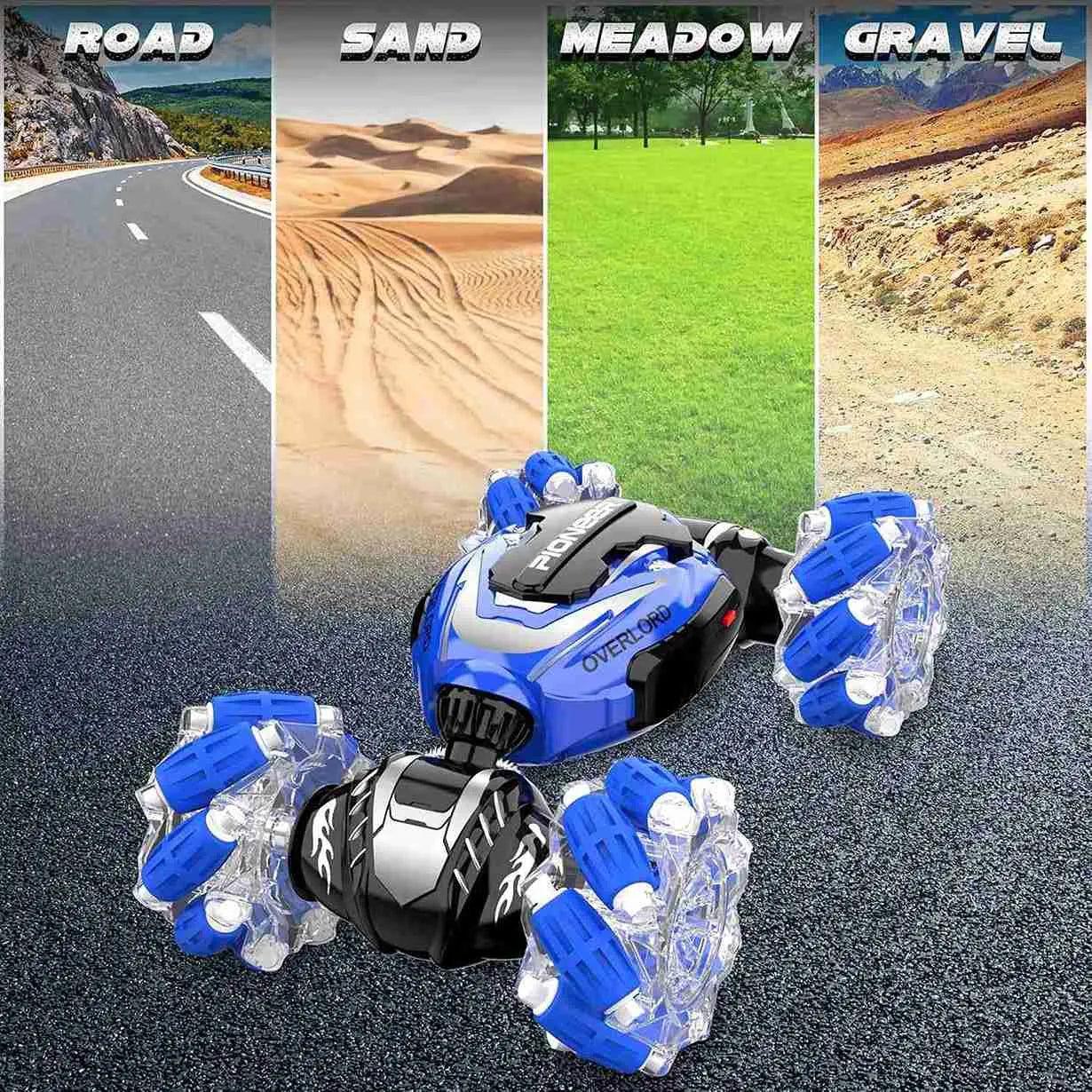 RC stunt car in blue suitable for every terrain.