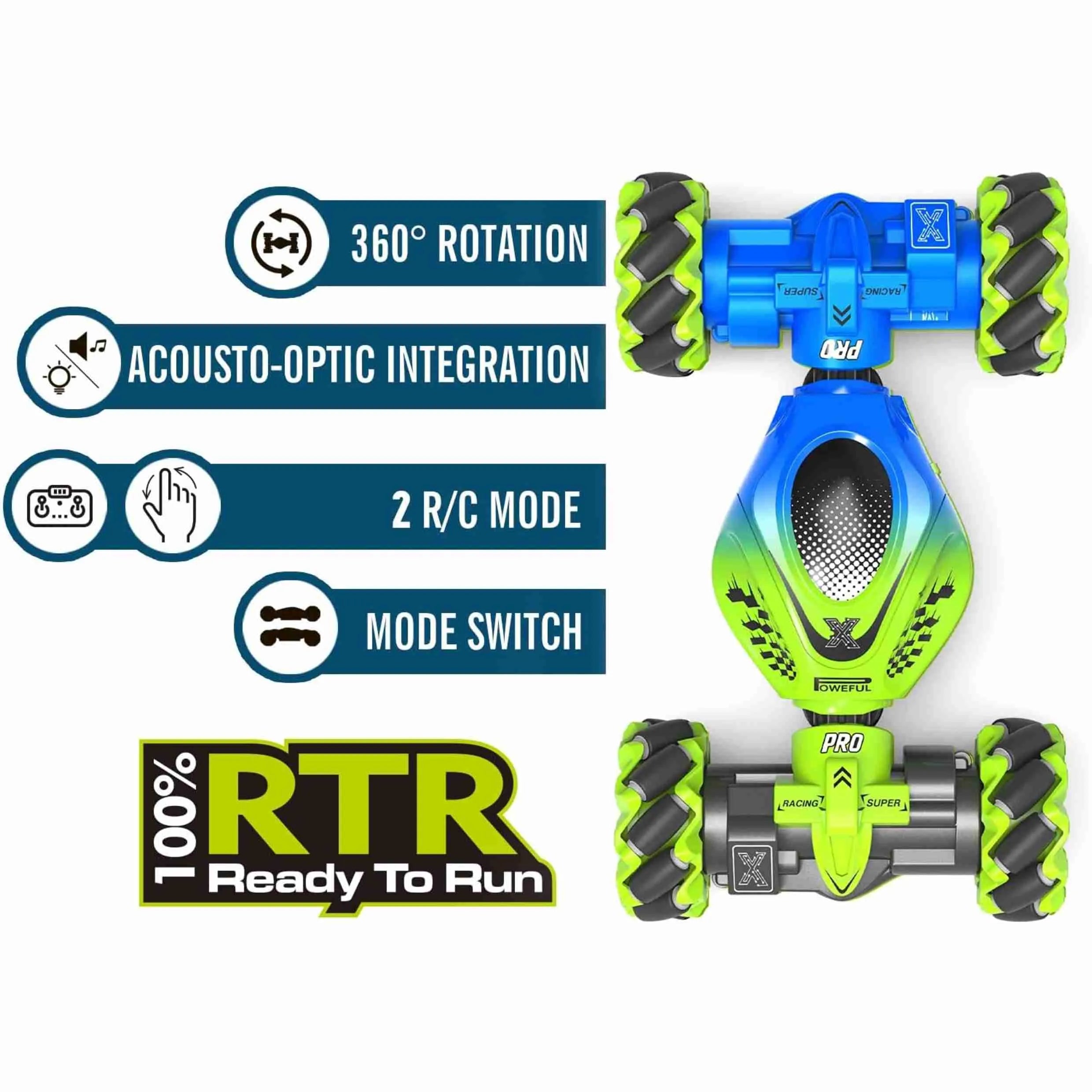 RC stunt car in green and blue with features highlighted on white background