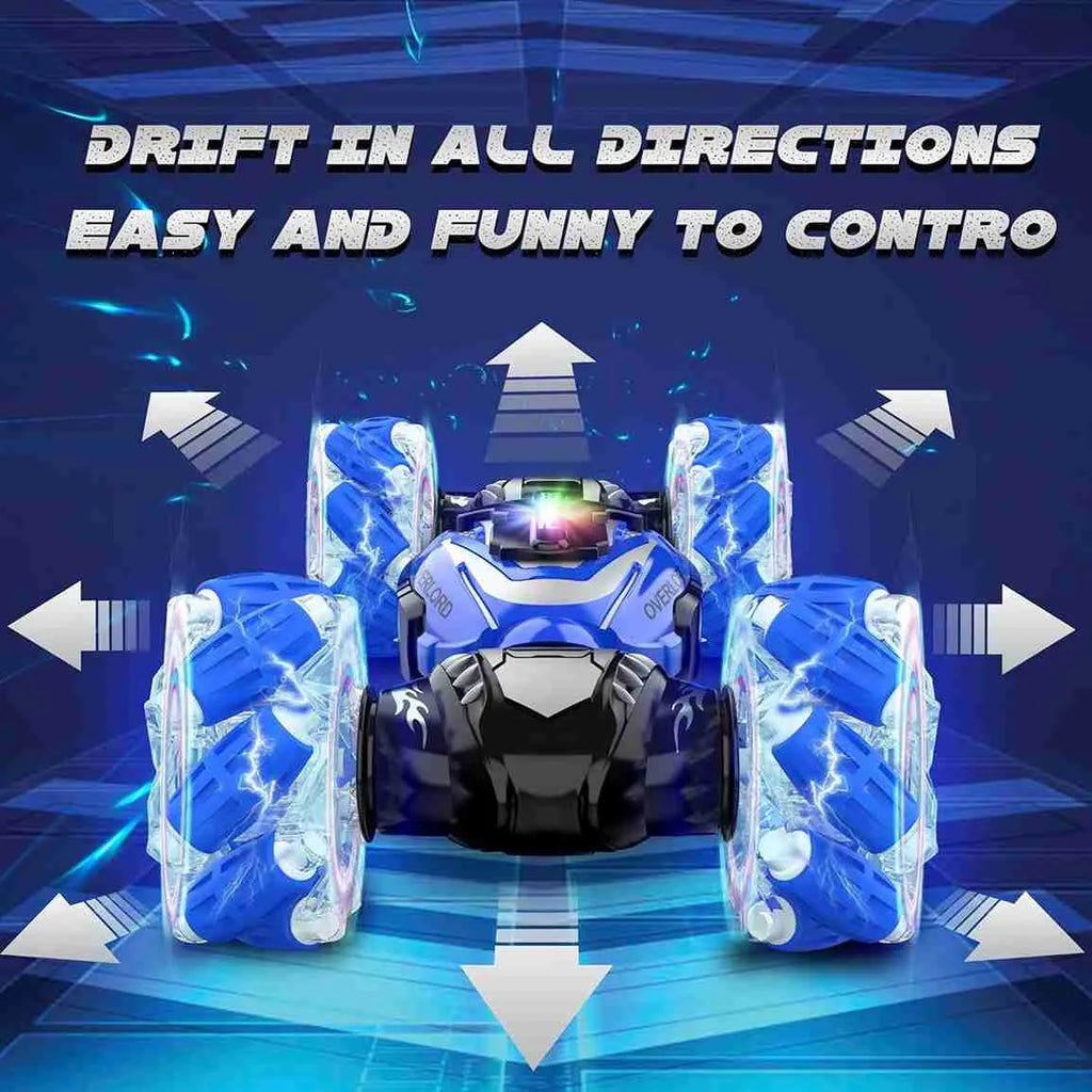 RC stunt car with blue and black design on a blue background with text about control and fun.