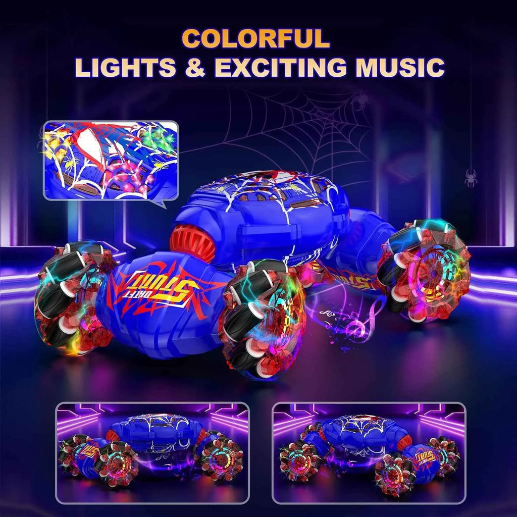 RC stunt car with colorful lights and exciting music on a dark background