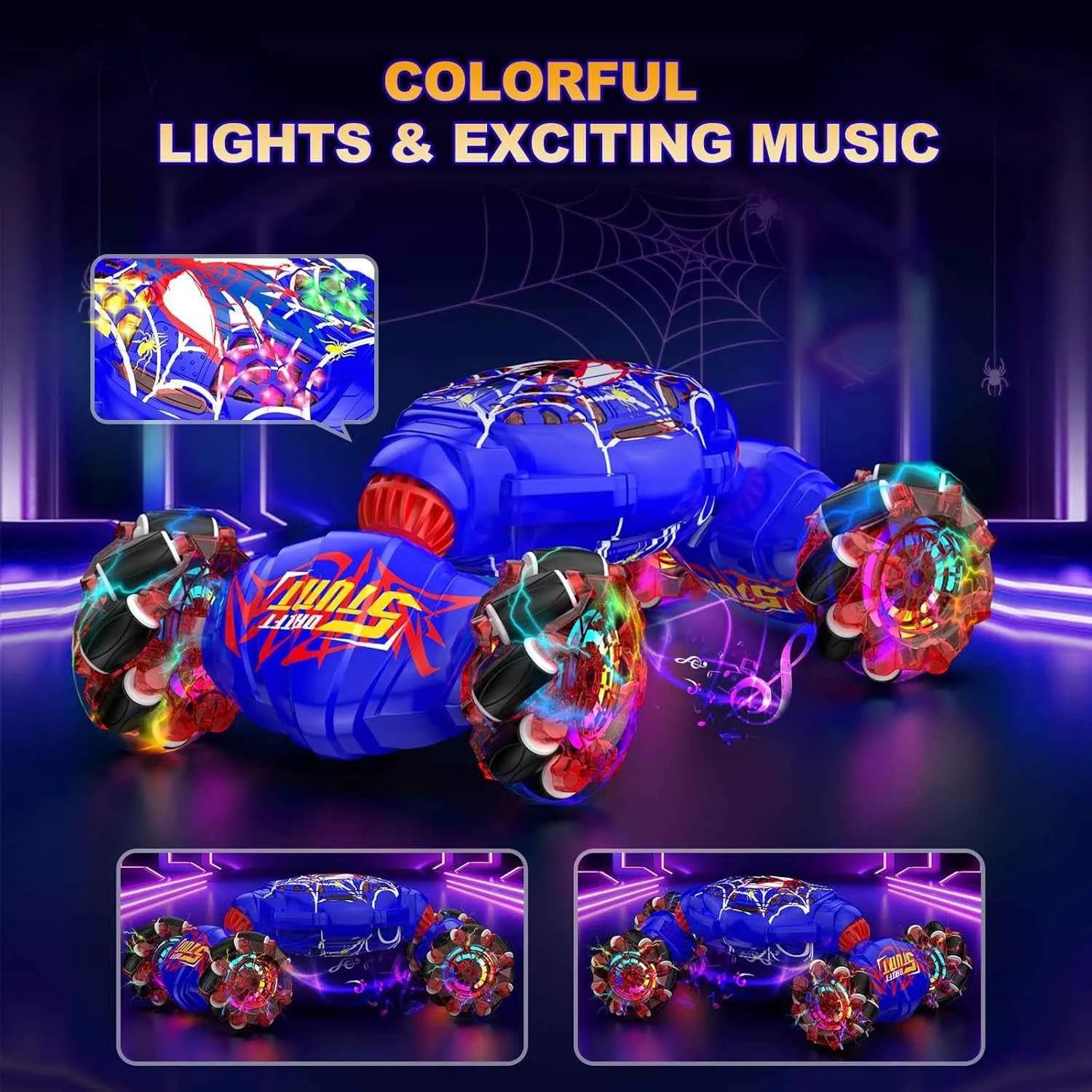 RC stunt car with colorful lights and exciting music on a dark background