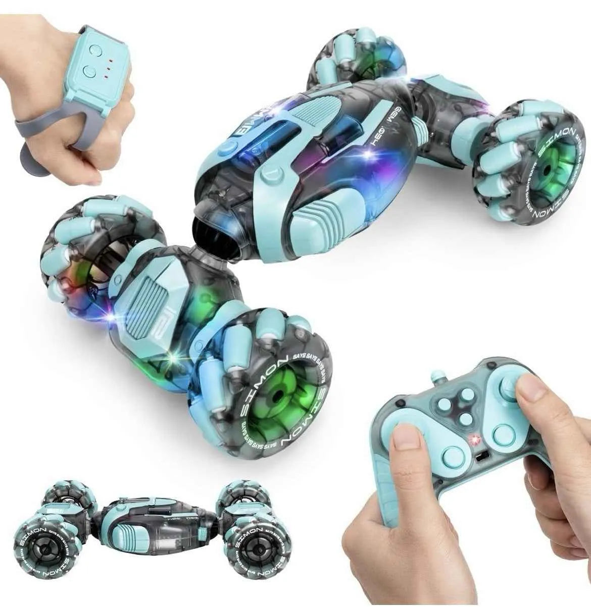 RC stunt car with colorful lights and a remote control held by a hand on a white background