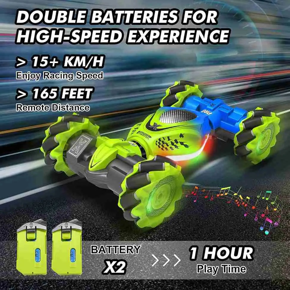 RC stunt car with double batteries for high speed and long lasting experience on a track